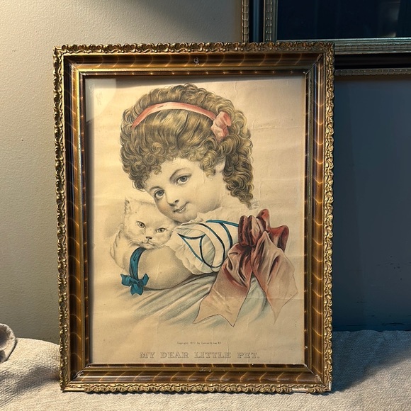Vintage Framed Art with Girl and Cat